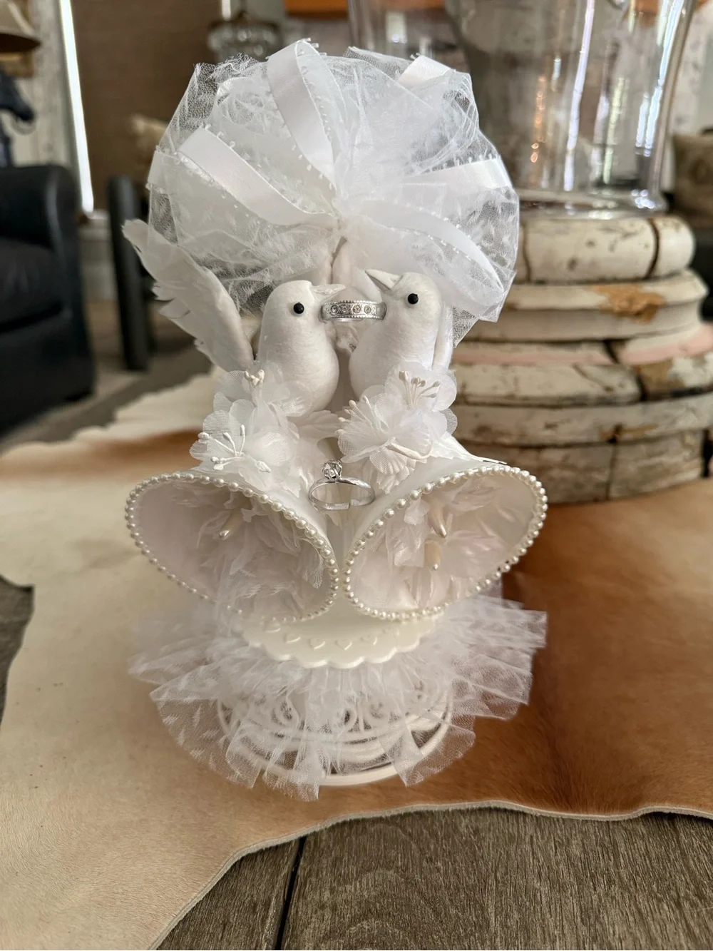 Vintage Coast Novelty Love Birds White Wedding Bell Cake Topper with Doves